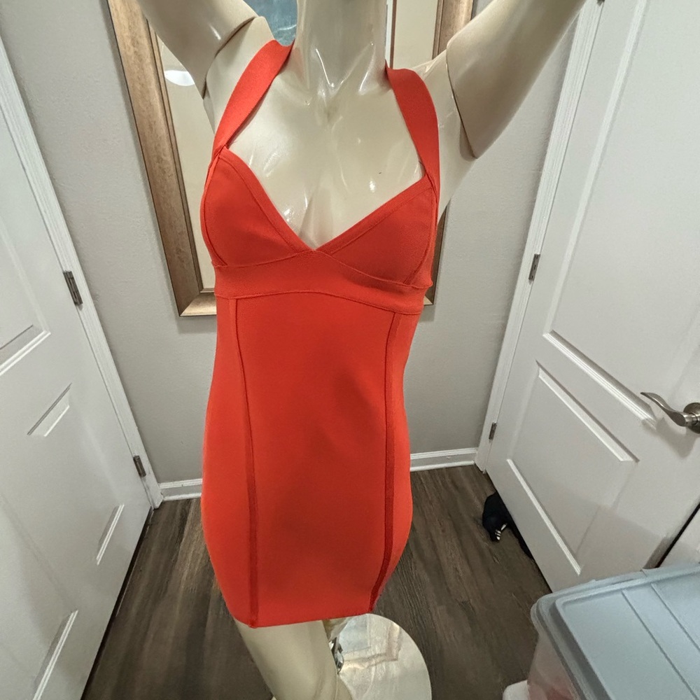 NWOT Hervé Léger Forever 21 ORANGE KNIT BANDAGE DRESS SHOULDER STRAPS FORM CROSS